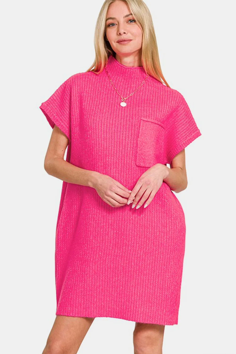 Short Sleeve Sweater Mini Dress - Hot Pink