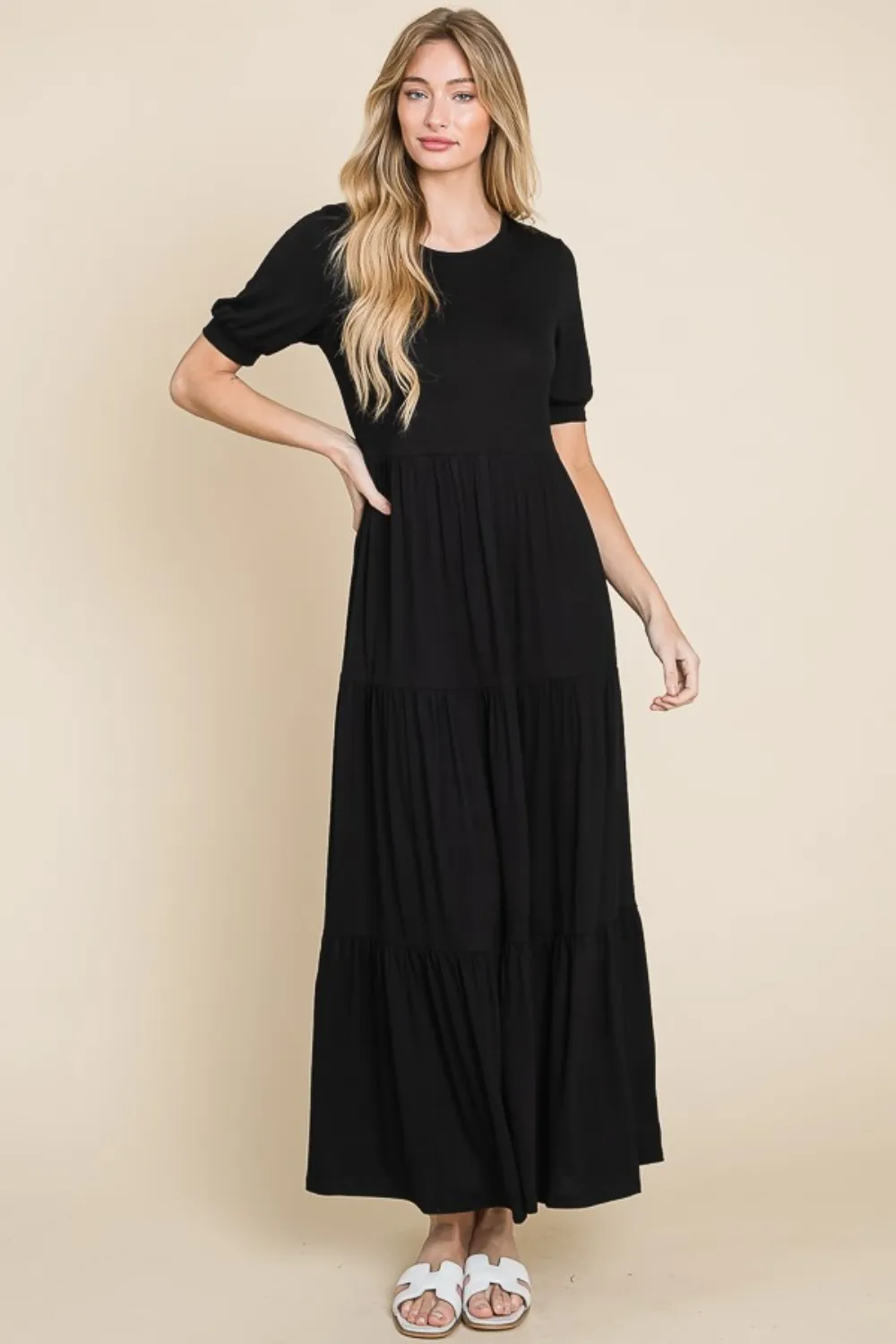 Short Sleeve Tiered Maxi Dress - Black