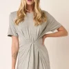 Side Slit Round Neck Short Sleeve Dress - Heather Grey
