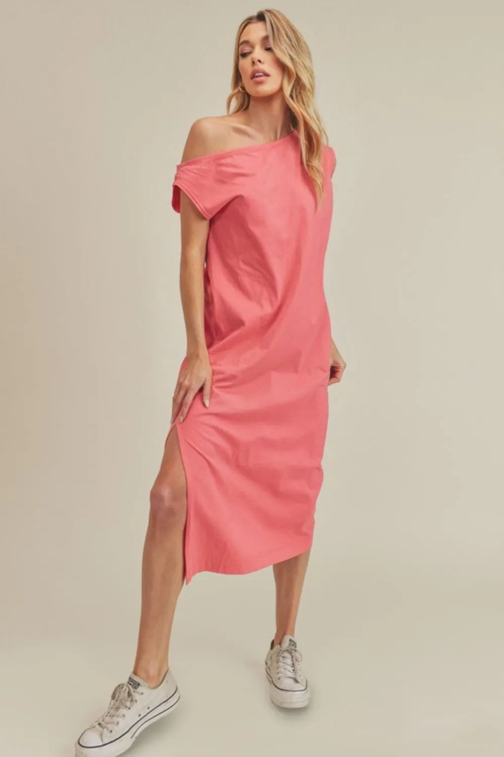 Side Slit Round Neck Sleeveless Midi Dress - Coral