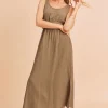 Side Slit Round Neck Sleeveless Tank Dress - Taupe