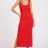 Side Slit Wide Strap Midi Tank Dress - Red