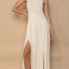 Sleeveless Back Zipper Front Slit Maxi Dress - Cream
