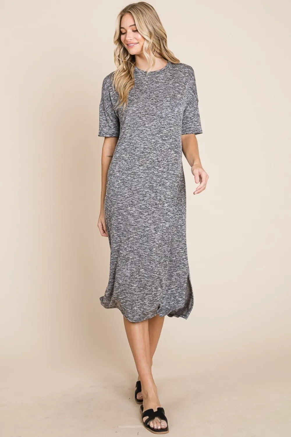 Slit Round Neck Half Sleeve Midi Dress - Grey