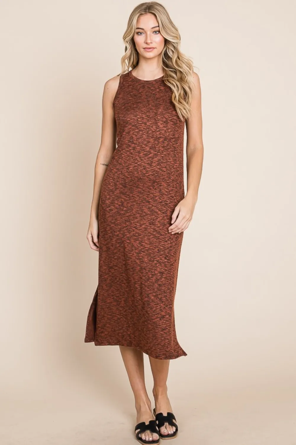 Slit-Round-Neck-Sleeveless-Midi-Dress-Rust-1
