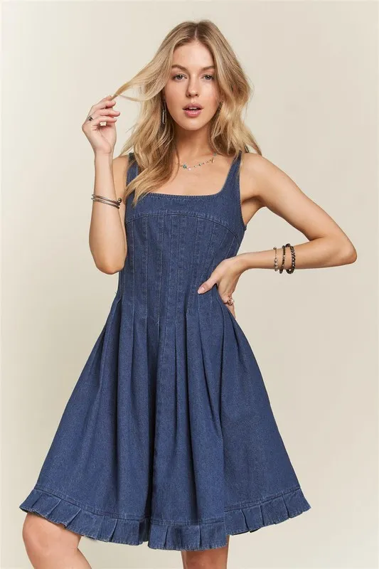 Smocked Back Square Neck Denim Dress - Denim Blue
