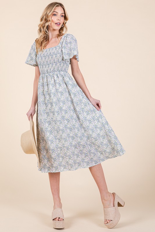 Smocked Floral Print Flutter Sleeve Midi Dress - White