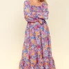 Smocked Floral Square Neck Flounce Sleeve Dress -  Lavender/Coral
