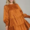 Smocked Leopard Long Sleeve Tiered Dress -  Copper