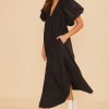 Smocked Puff Sleeve Midi Dress - Black