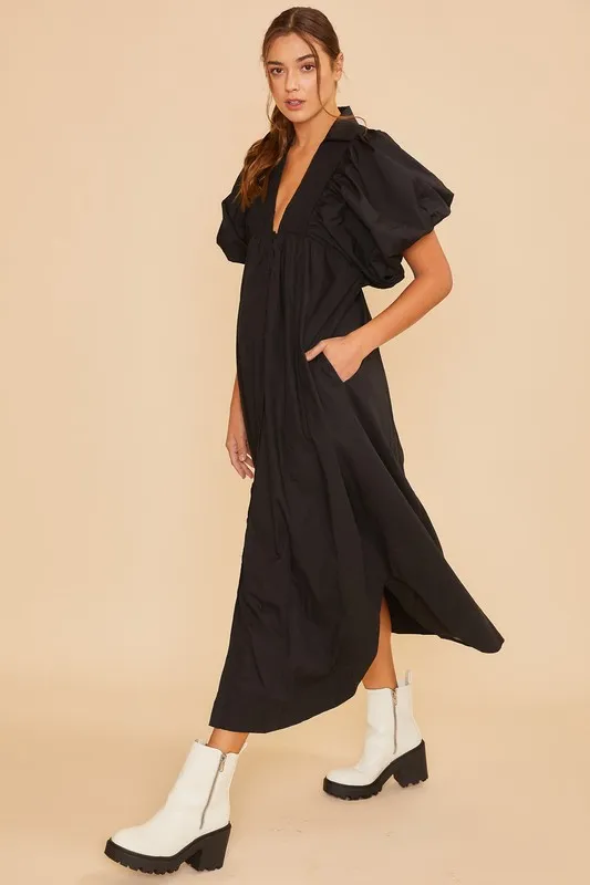 Smocked Puff Sleeve Midi Dress - Black