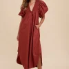 Smocked Puff Sleeve Midi Dress - Burgundy