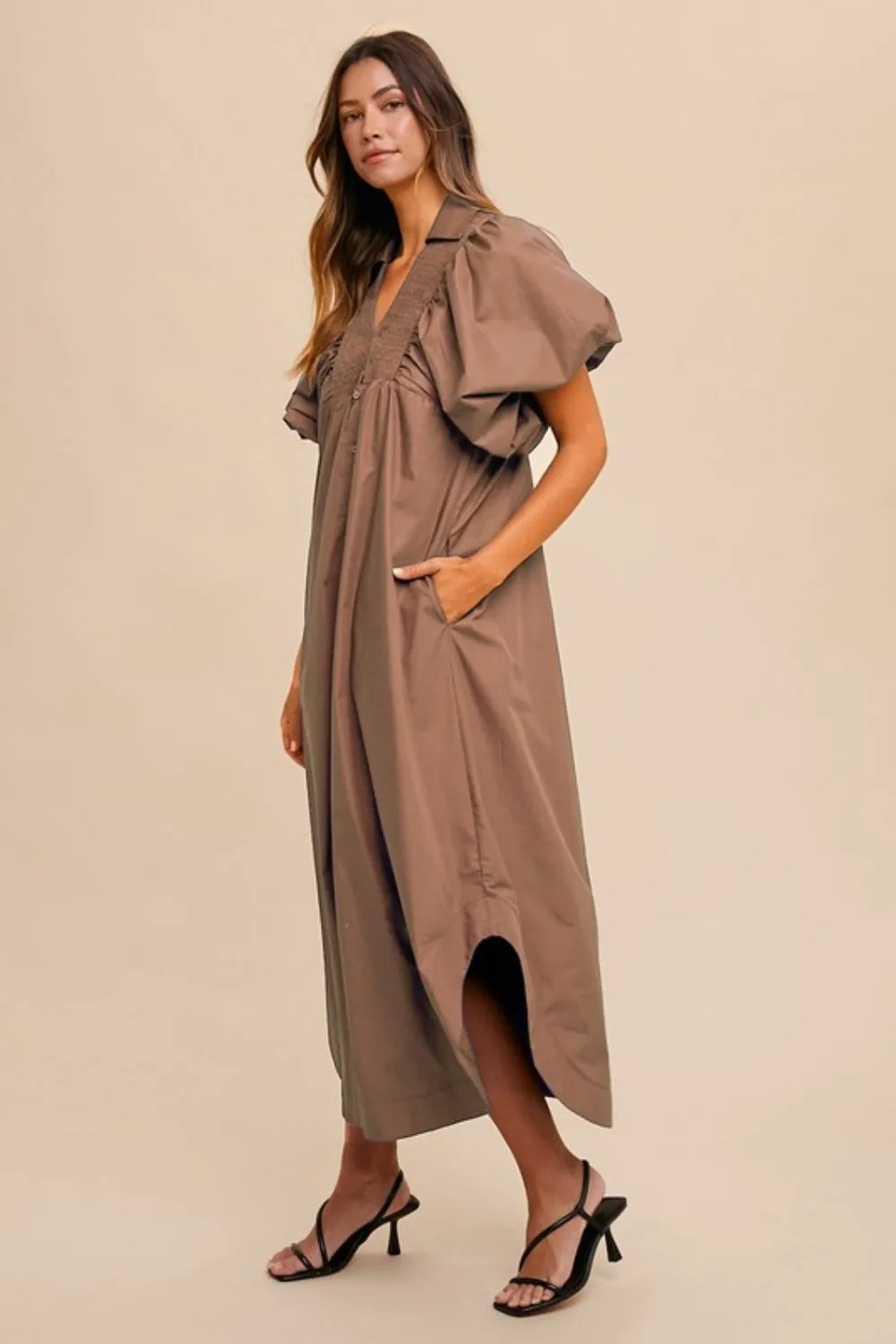 Smocked Puff Sleeve Midi Dress - Coffee Brown