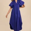 Smocked Puff Sleeve Midi Dress - Navy