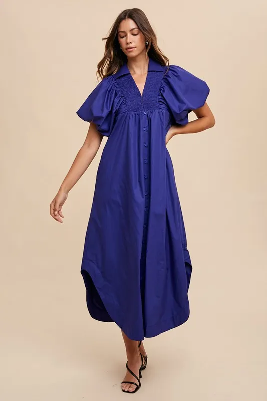 Smocked Puff Sleeve Midi Dress - Navy