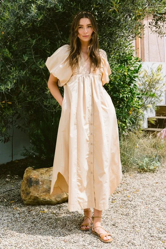 Smocked Puff Sleeve Midi Dress - Tan