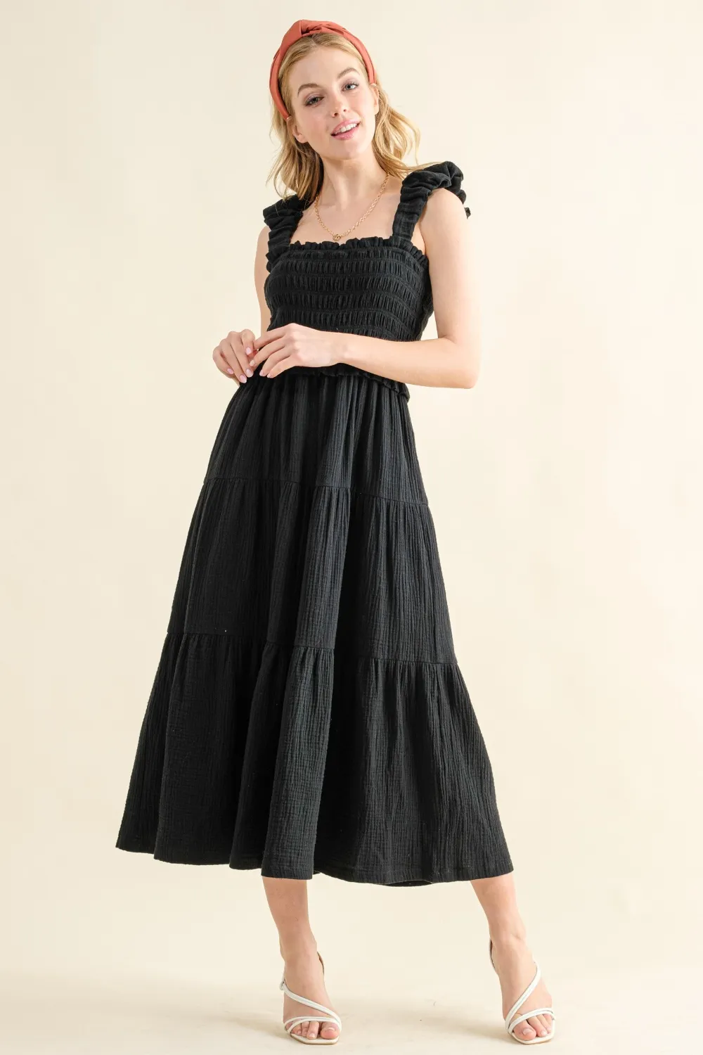 Smocked Ruffled Tiered Dress - Black