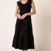 Smocked Ruffled Tiered Midi Dress - Black
