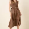 Smocked Ruffled Tiered Midi Dress - Brown