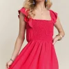 Smocked Square Neck Ruffled Cap Sleeve Dress - Red