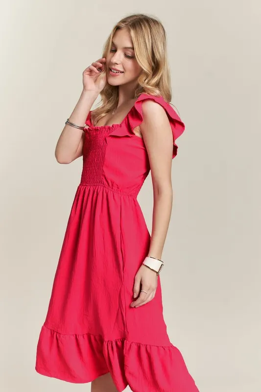 Smocked-Square-Neck-Ruffled-Cap-Sleeve-Dress-Red-2