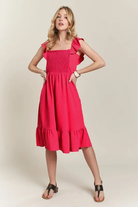Smocked-Square-Neck-Ruffled-Cap-Sleeve-Dress-Red-3