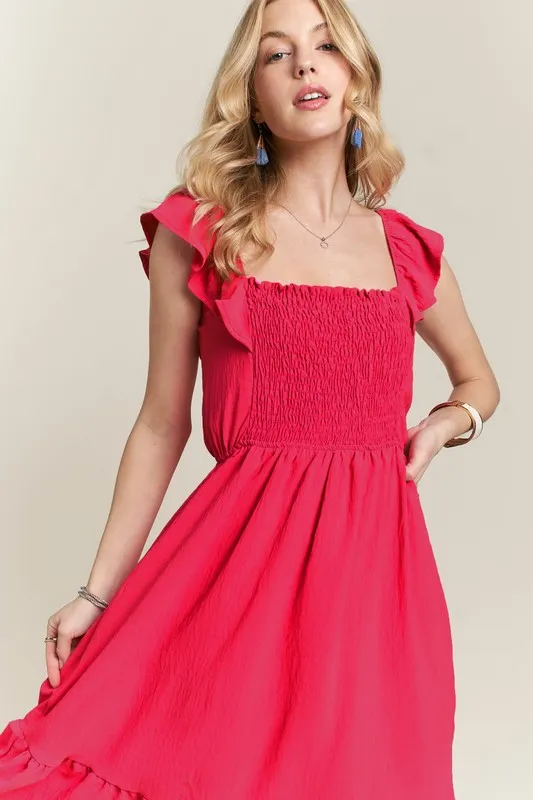 Smocked-Square-Neck-Ruffled-Cap-Sleeve-Dress-Red Smocked Square Neck Ruffled Cap Sleeve Dress - Red