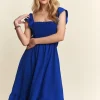 Smocked Square Neck Ruffled Cap Sleeve Dress - Royal Blue