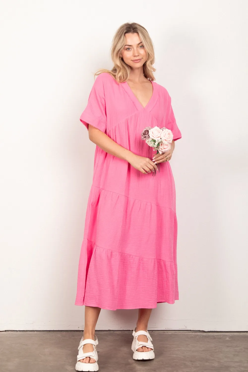 Soft Crinkle Gauze Short Sleeve Midi Dress - Pink