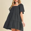 Square Neck Half Sleeve Tiered Dress - Black