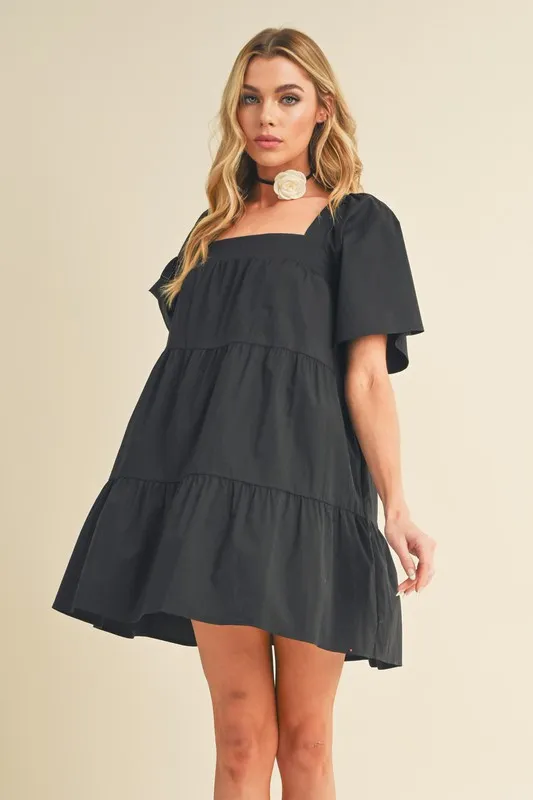 Square Neck Half Sleeve Tiered Dress - Black