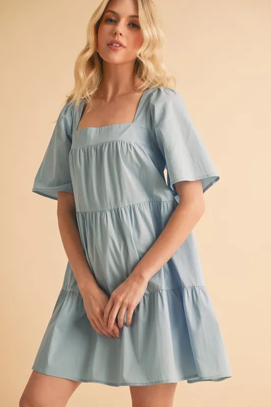 Square Neck Half Sleeve Tiered Dress - Light Blue