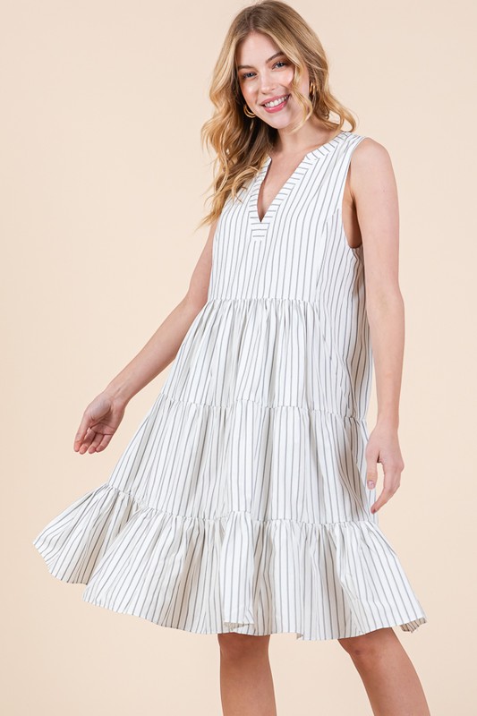Striped Sleeveless V-Neck Tiered Dress - Off White
