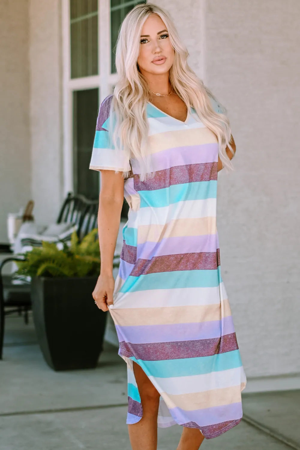 Striped V-Neck Curved Hem Midi Dress - Purple