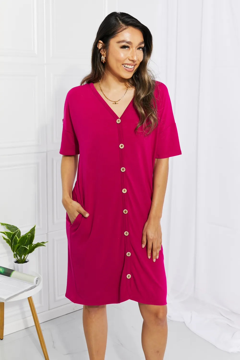 Sunday Brunch Button Down Knee-Length Dress in Magenta - Deep Purple