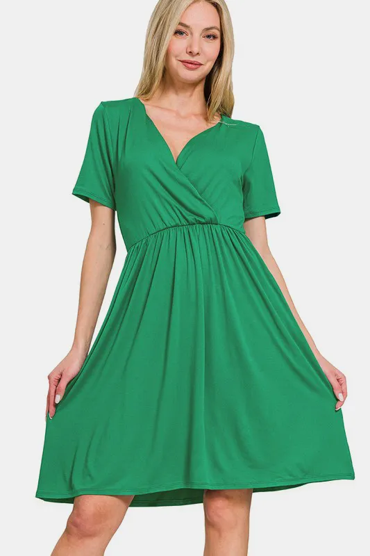 Surplice Short Sleeve Brushed DTY Dress - Green
