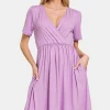 Surplice Short Sleeve Brushed DTY Dress - Pink Purple
