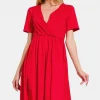 Surplice Short Sleeve Brushed DTY Dress - Red