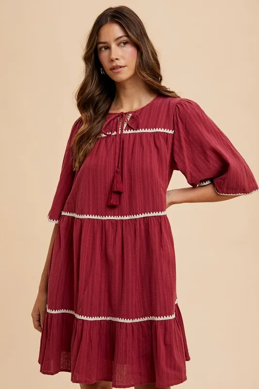 Tassel Contrast Trim Tie Neck Half Sleeve Tiered Dress - Burgundy