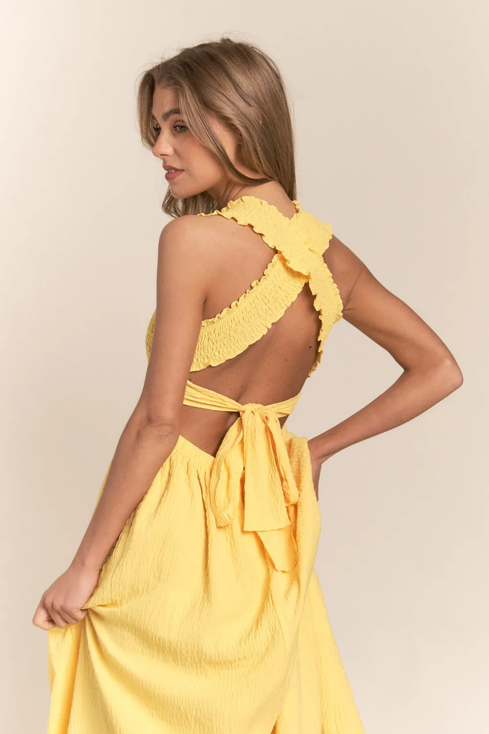 Texture Crisscross Back Tie Smocked Maxi Dress - Banana