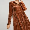 Texture Tiered Collared Long Sleeve Dress - Copper