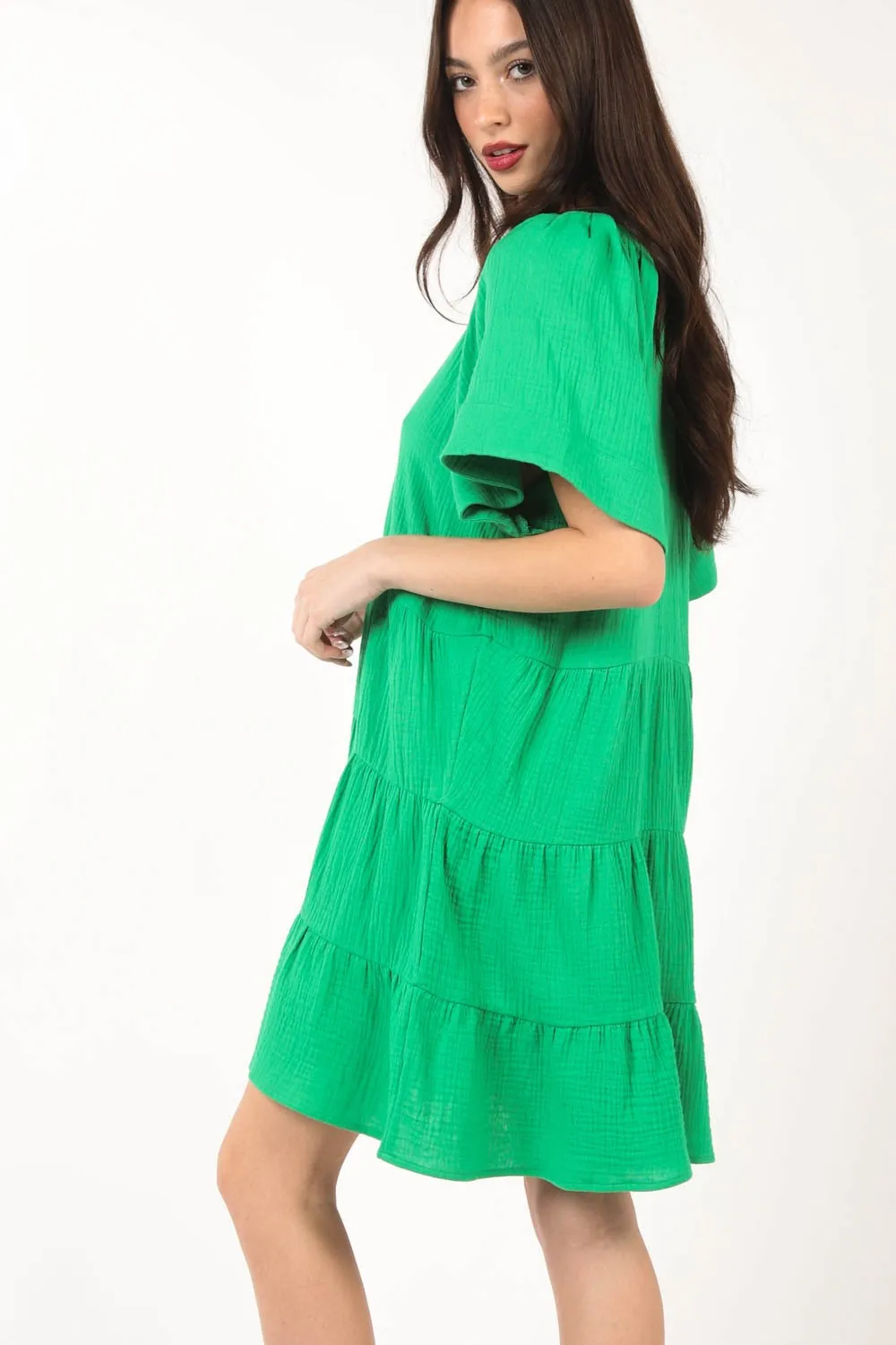 Texture-V-Neck-Ruffled-Tiered-Dress-Green-3