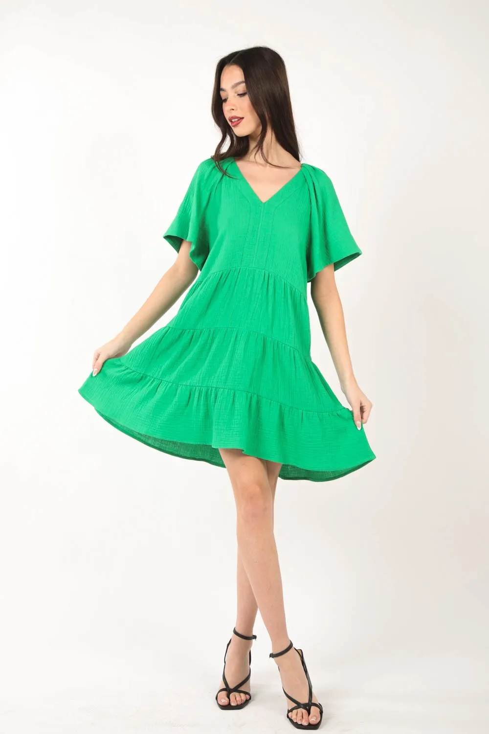 Texture-V-Neck-Ruffled-Tiered-Dress-Green-4