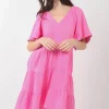 Texture V-Neck Ruffled Tiered Dress - Pink