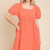 Textured Square Neck Short Sleeve Dress - Sugar Coral