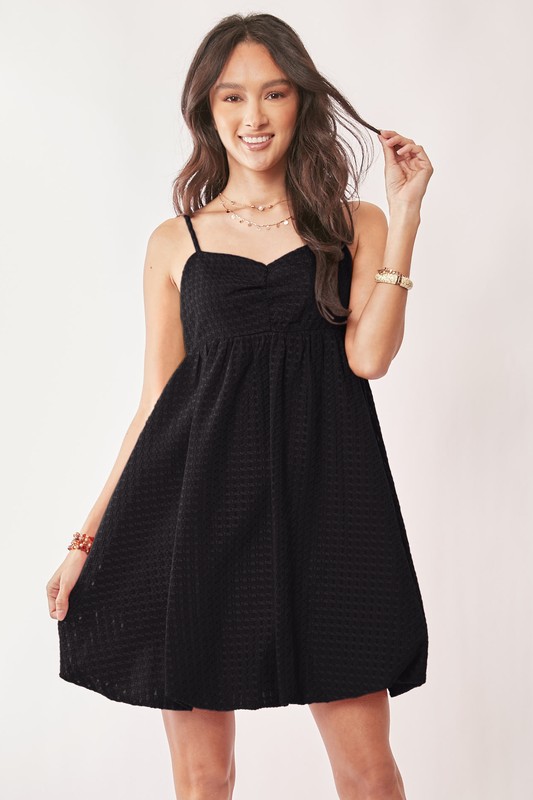 Textured Sweetheart Neckline Bubble Hem Dress - Black