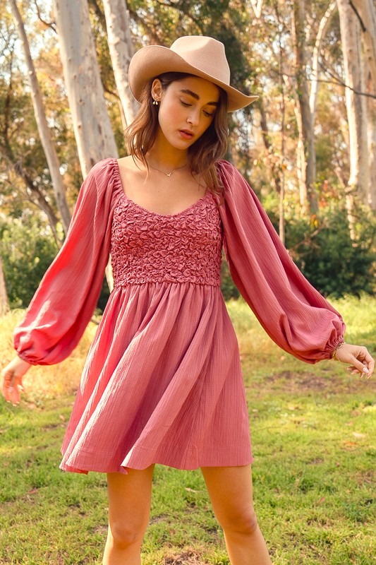 Textured Woven Smocked Dress - Mauve