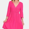 Three-Quarter Sleeve Surplice Dress with Pockets - Hot Pink