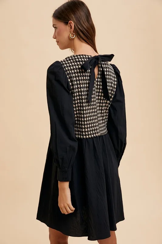 Tie-Back-Plaid-Round-Neck-Mini-Dress-Black-3