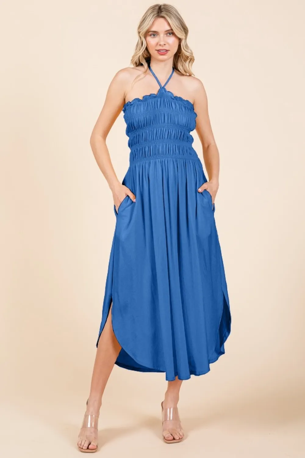 Tie Back Shirring Dress with Pockets - Blue